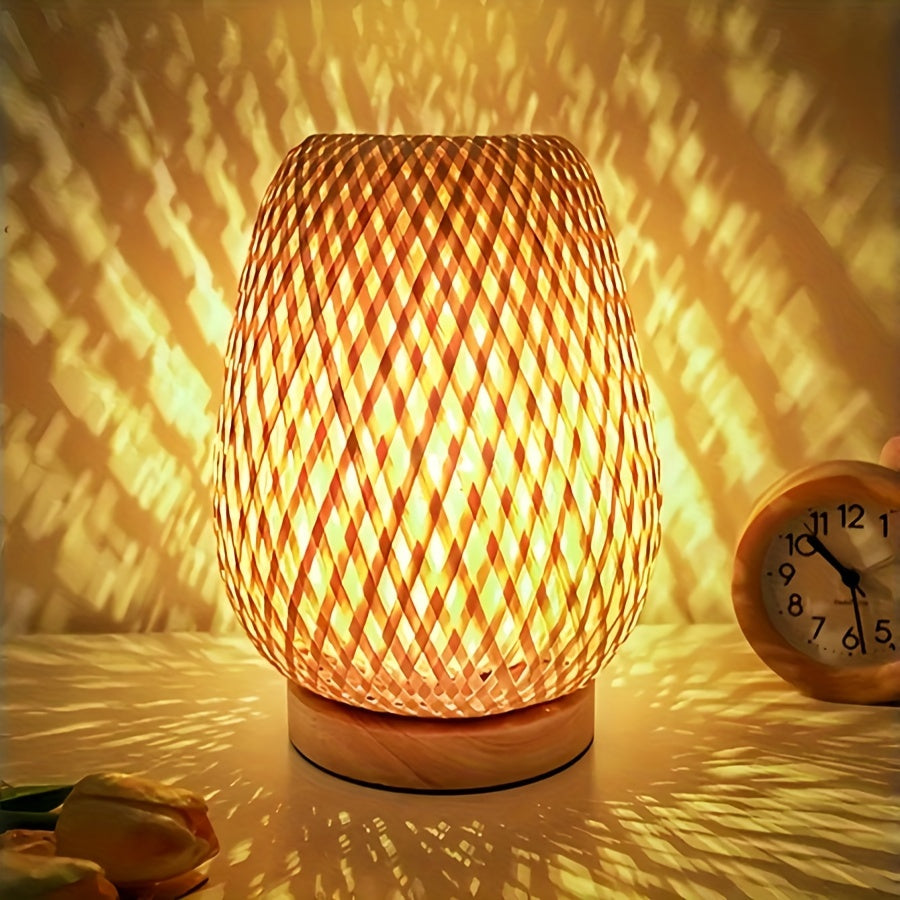 Rattan Table Lamp - Boho Nightstand Lamp - Wooden Base - Woven Design - Image 3