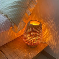 Rattan Table Lamp - Boho Nightstand Lamp - Wooden Base - Woven Design