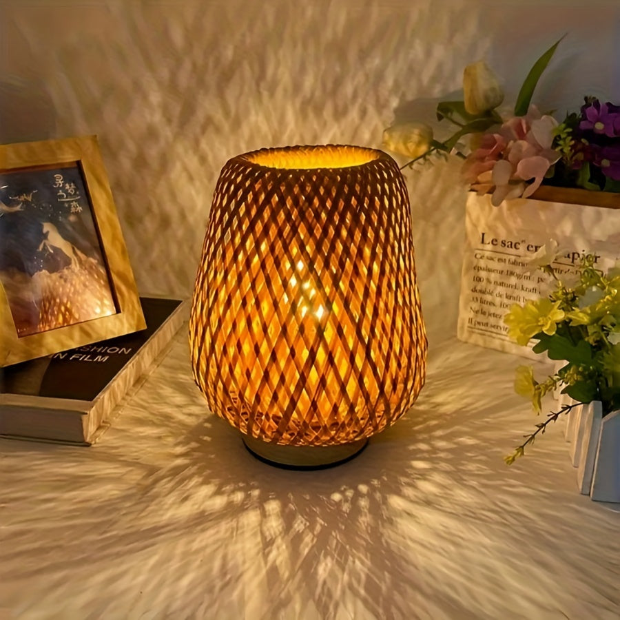 Rattan Table Lamp - Boho Nightstand Lamp - Wooden Base - Woven Design - Image 5