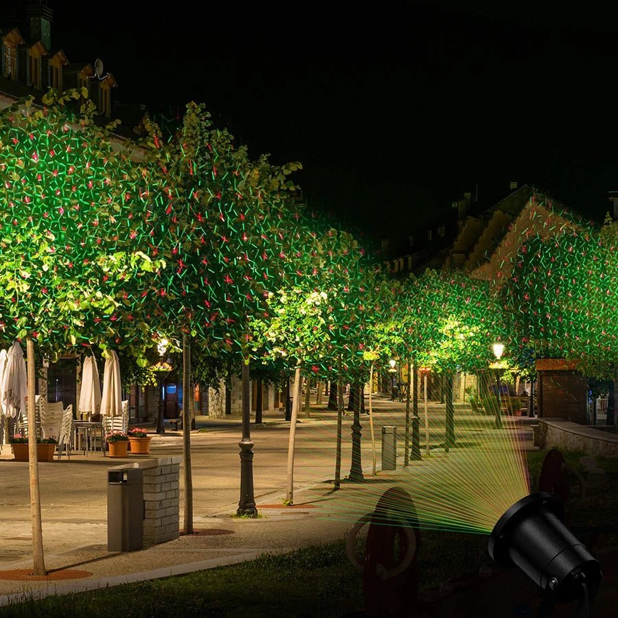 Red and Green Garden Projector with Rotating Light Patterns