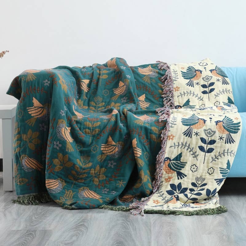 Reversible Scandinavian Bird Print 100% Cotton Blanket