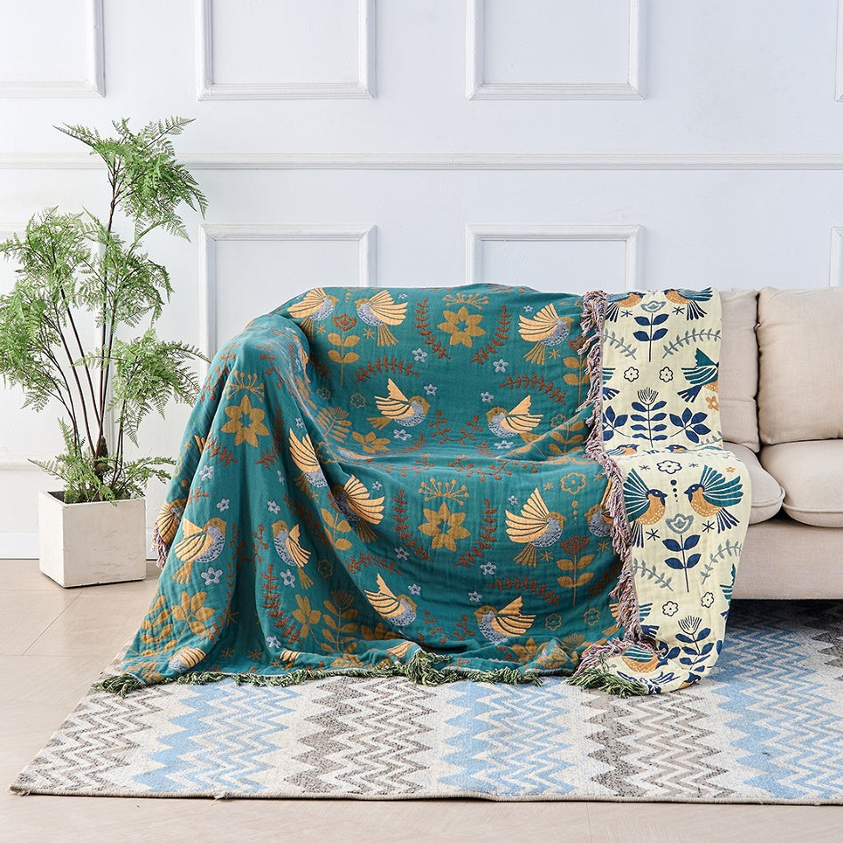 Reversible Scandinavian Bird Print 100% Cotton Blanket