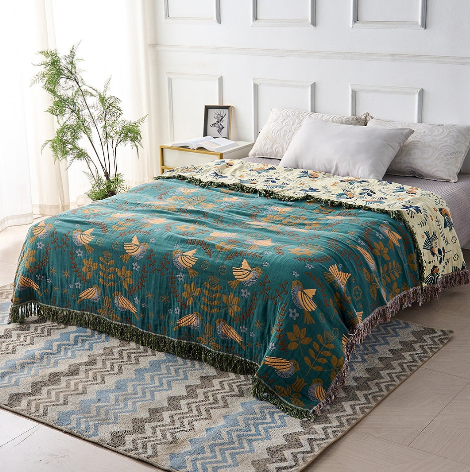 Reversible Scandinavian Bird Print 100% Cotton Blanket