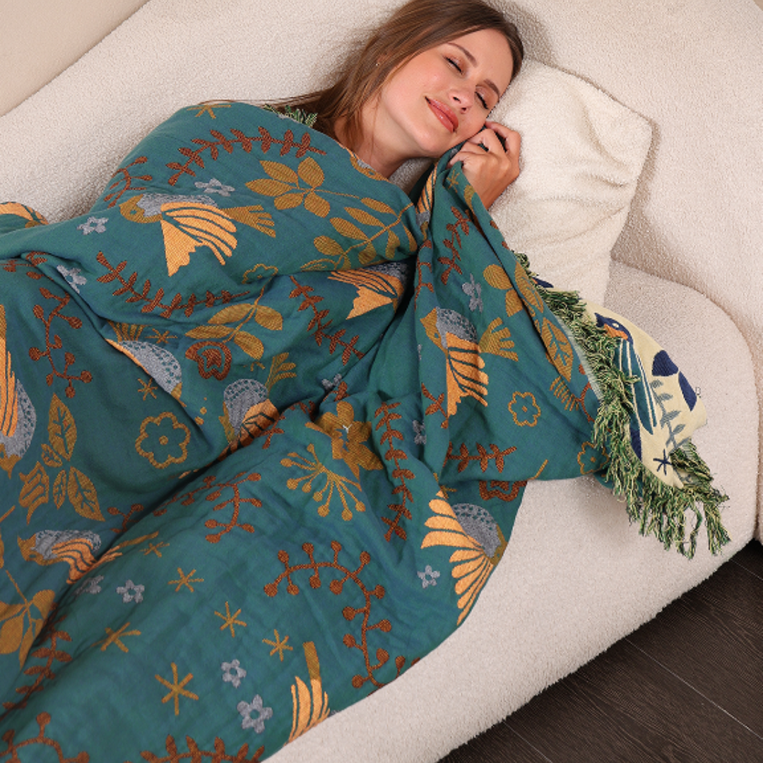 Reversible Scandinavian Bird Print 100% Cotton Blanket
