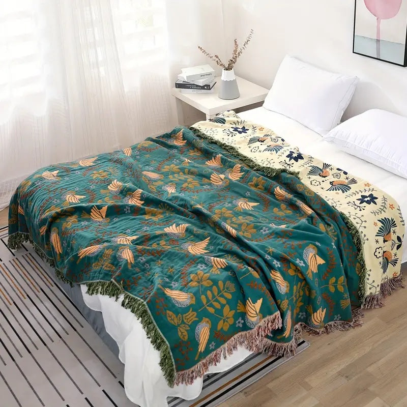 Reversible Scandinavian Bird Print 100% Cotton Blanket