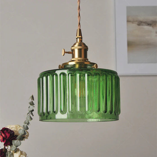 Ribbed Glass Pendant Light - Green or Clear - Modern Brass Accent - Kitchen Island Lighting - Image 1