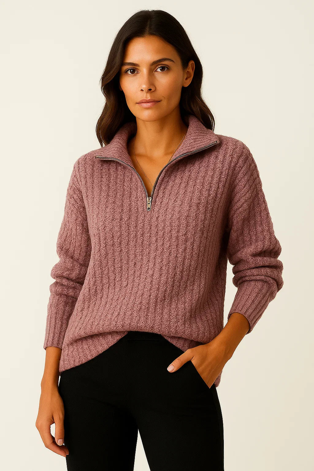 Ribbed Half-Zip High-Collar Sweater