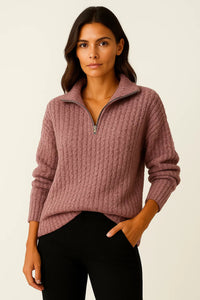Ribbed Half-Zip High-Collar Sweater