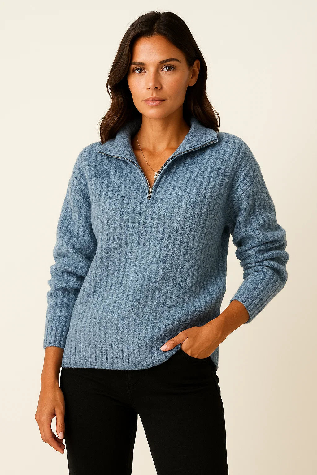 Ribbed Half-Zip High-Collar Sweater