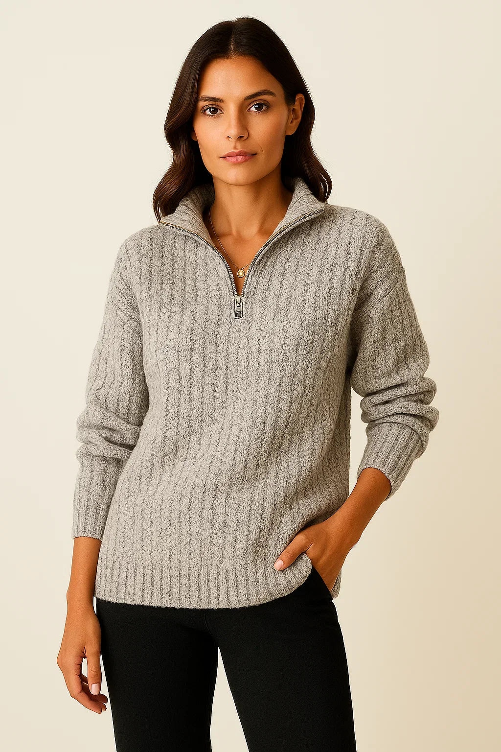 Ribbed Half-Zip High-Collar Sweater