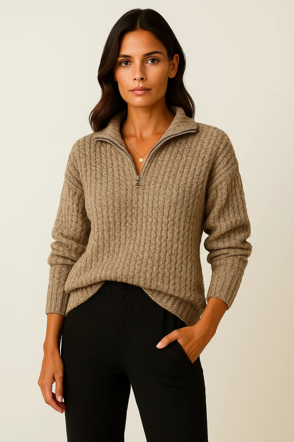 Ribbed Half-Zip High-Collar Sweater