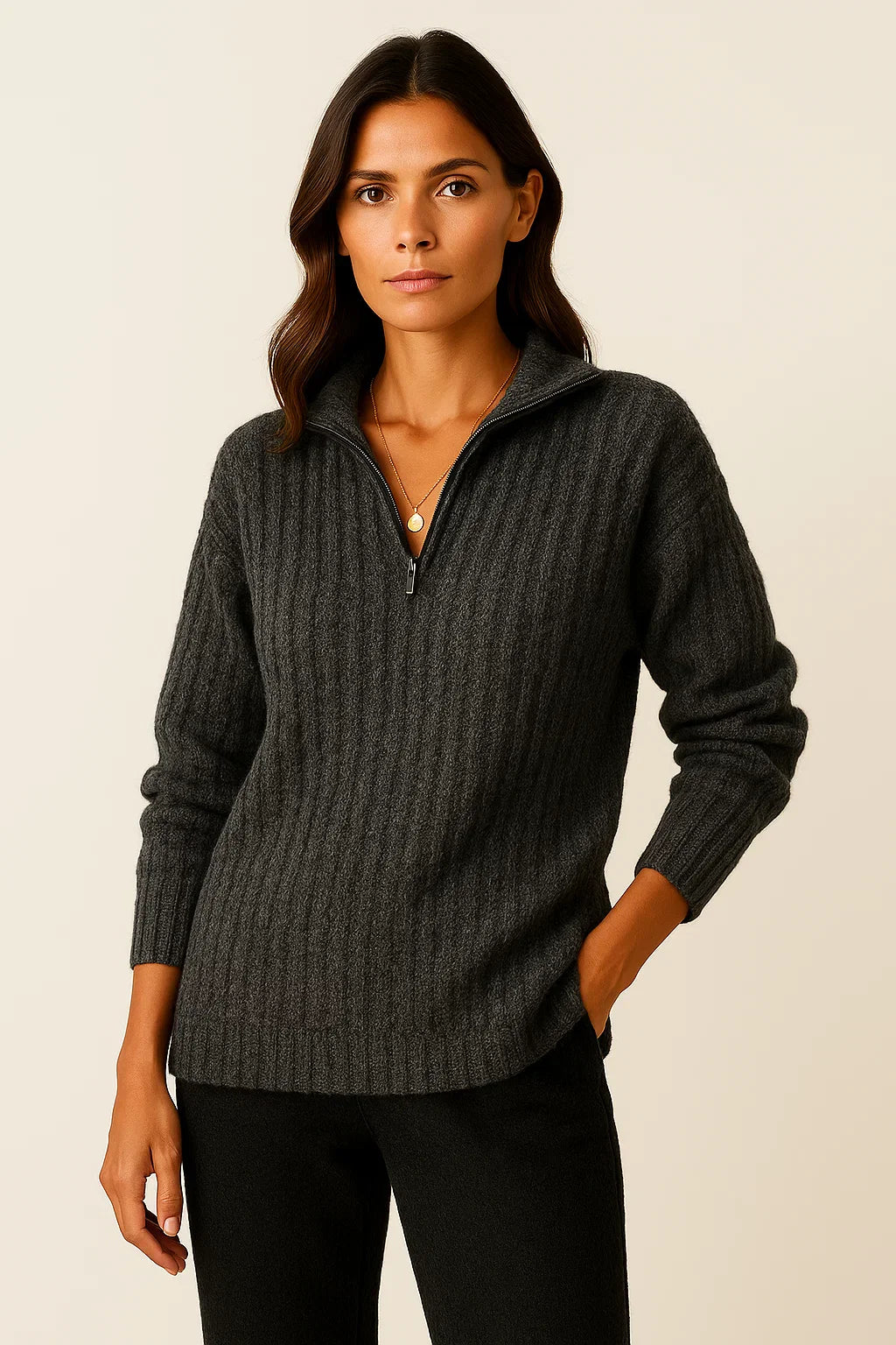 Ribbed Half-Zip High-Collar Sweater
