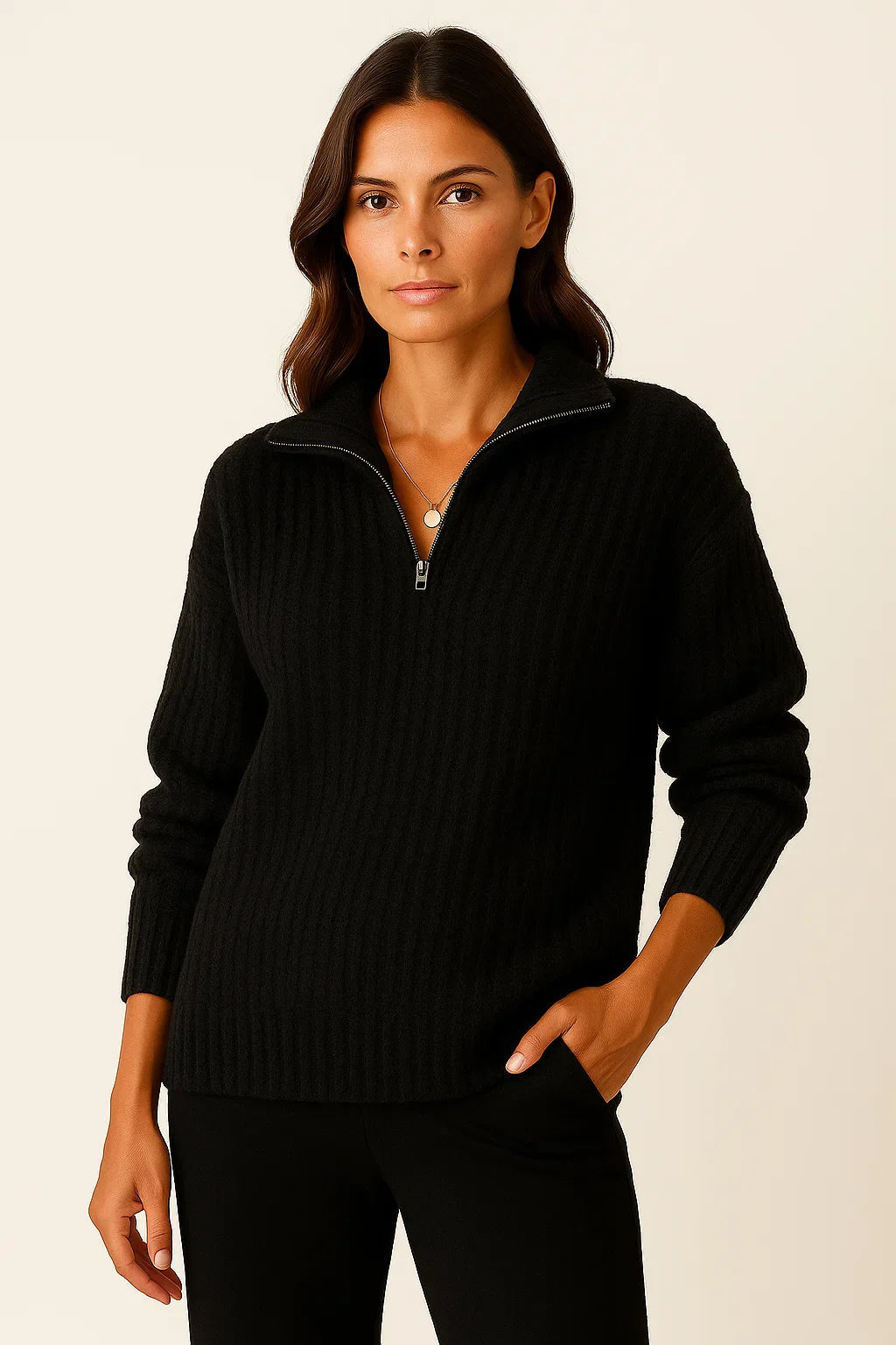 Ribbed Half-Zip High-Collar Sweater