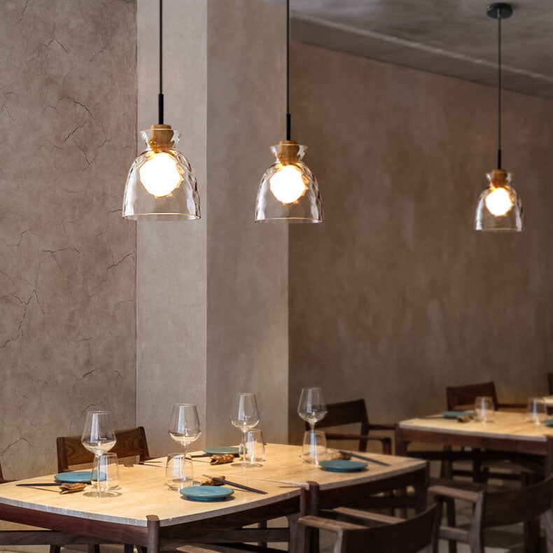 Rippled Glass Pendant Light - Solid Wood Accent - Modern 1-Light Hanging Lamp - Image 2