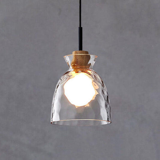 Rippled Glass Pendant Light - Solid Wood Accent - Modern 1-Light Hanging Lamp - Image 3