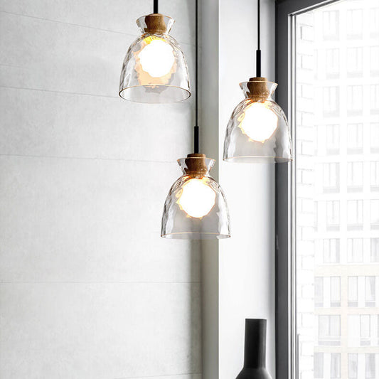 Rippled Glass Pendant Light - Solid Wood Accent - Nordic Style LED - Single Light Fixture - Image 1