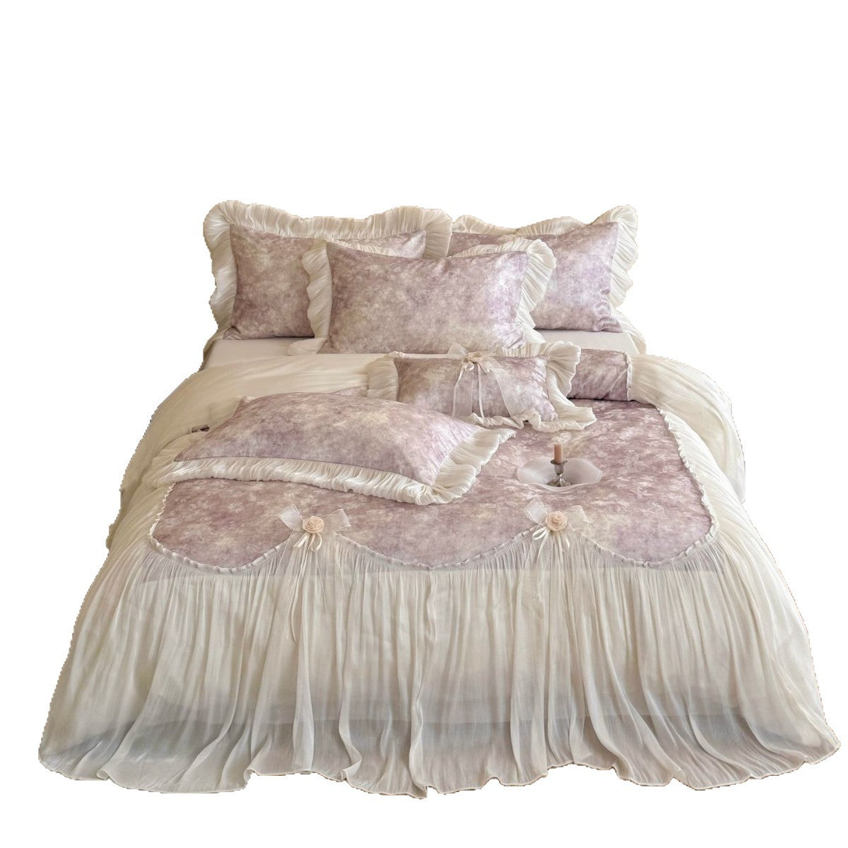 Romantic Velvet-Look Bedding Set with Ruffles and Frills
