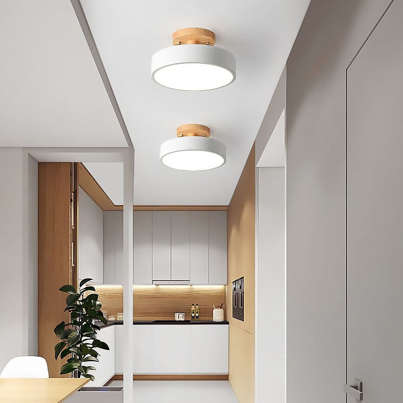 Round LED Ceiling Light - Wooden Base - Modern Semi-Flush Mount Lamp - Available in Multiple Colors - Image 1