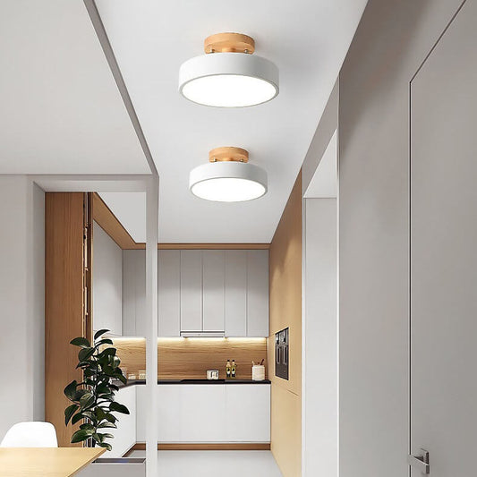 Round LED Ceiling Light - Wooden Base - Modern Semi-Flush Mount Lamp - Available in Multiple Colors - Image 1