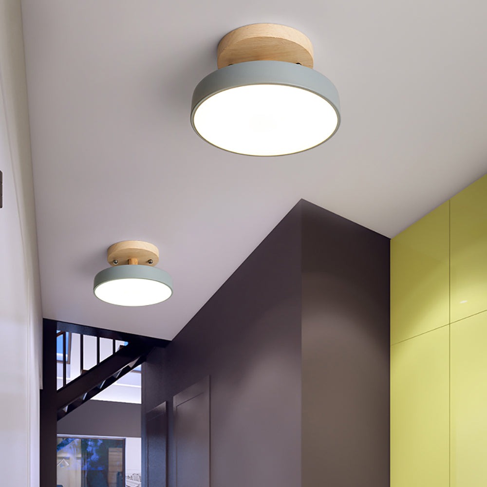 Round LED Ceiling Light - Wooden Base - Modern Semi-Flush Mount Lamp - Available in Multiple Colors - Image 2
