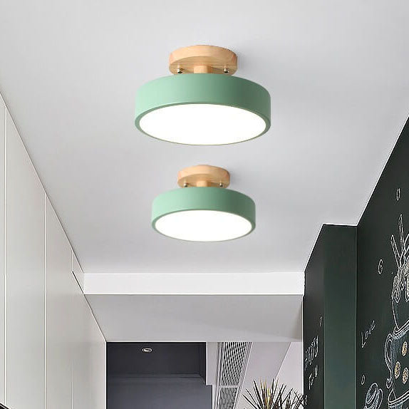Round LED Ceiling Light - Wooden Base - Modern Semi-Flush Mount Lamp - Available in Multiple Colors - Image 4