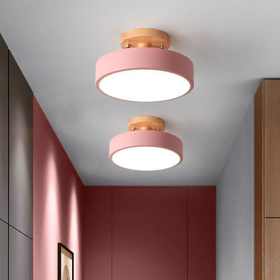 Round LED Ceiling Light - Wooden Base - Modern Semi-Flush Mount Lamp - Available in Multiple Colors - Image 5