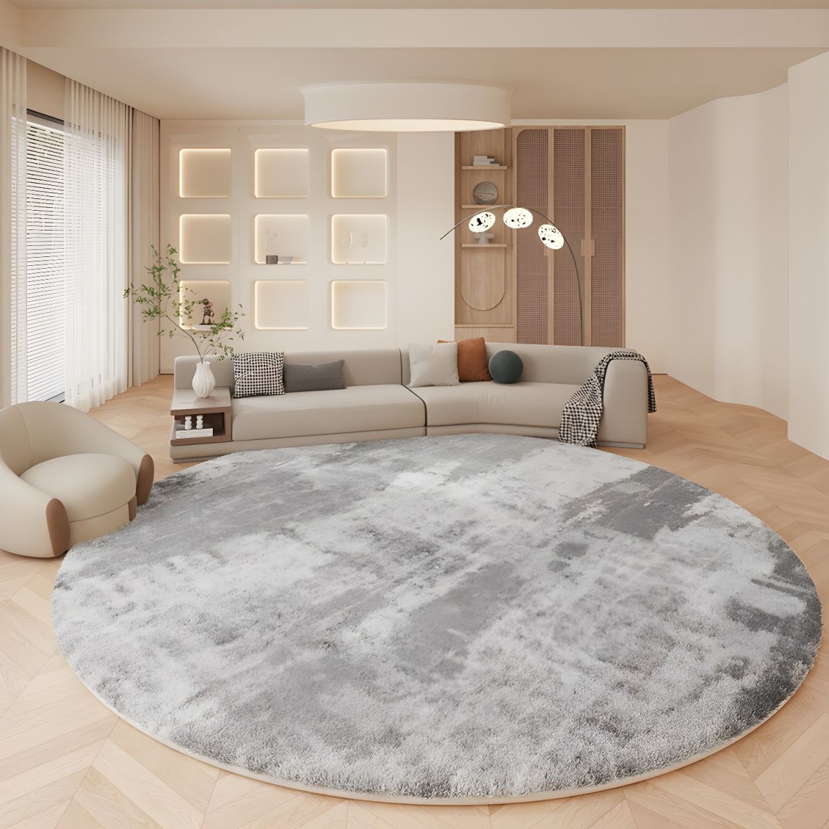 Round Nordic Abstract Grey Lambswool Rug