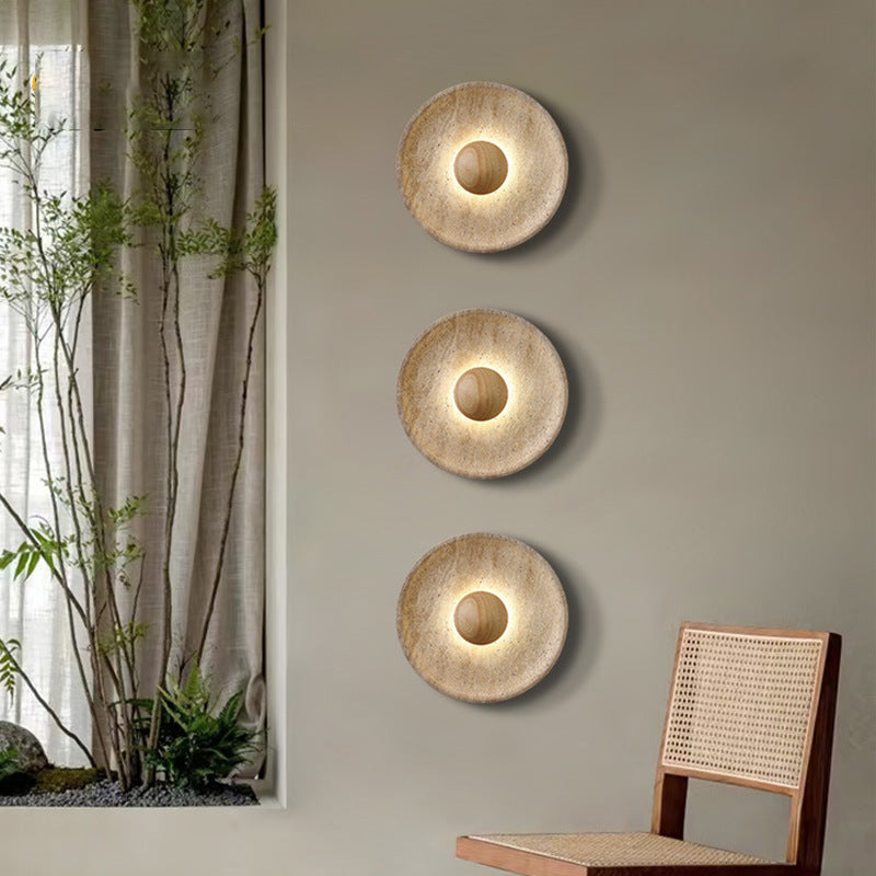 Round Travertine Stone Wall Sconce - Modern LED Wall Lamp - Elegant Lighting - Image 2