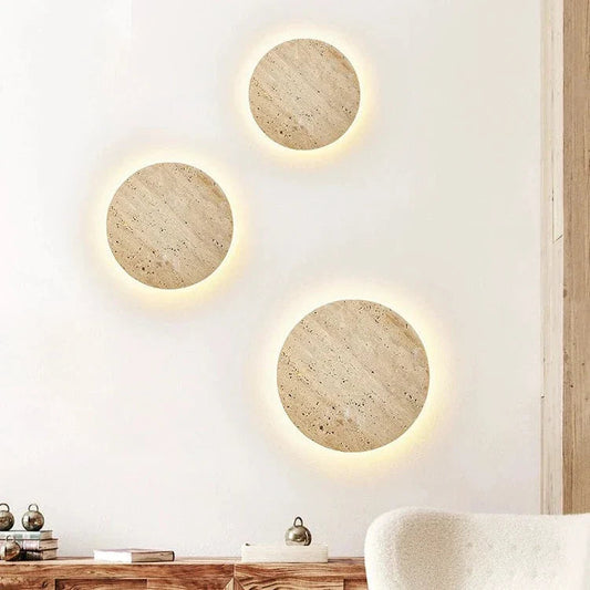 Round Travertine Wall Sconce - Minimalist LED Wall Light Fixture - Image 1
