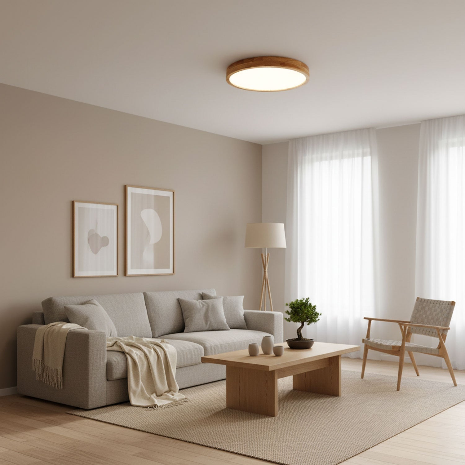 Round Wooden Flush Mount LED Ceiling Light - Modern Stylish Fixture - Image 2