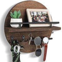 Round Wooden Shelf with Key Hooks - Entryway Organizer - Wall Mounted Shelf
