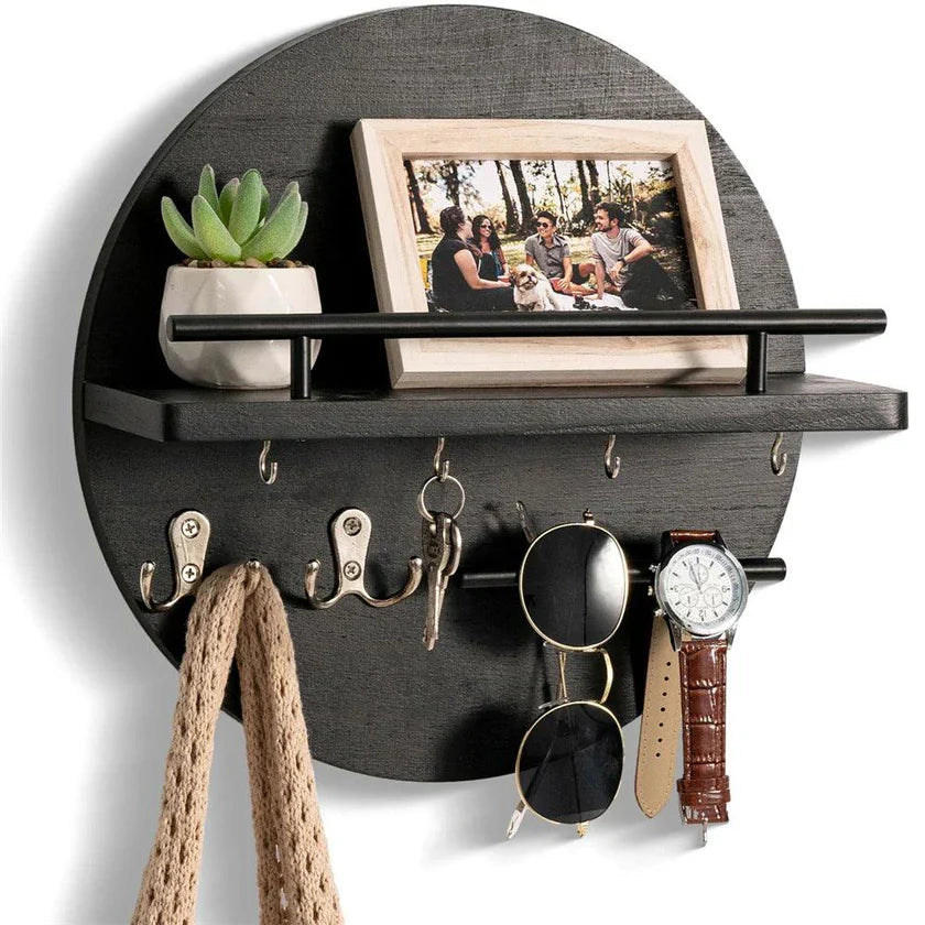 Round Wooden Shelf with Key Hooks - Entryway Organizer - Wall Mounted Shelf - Image 2