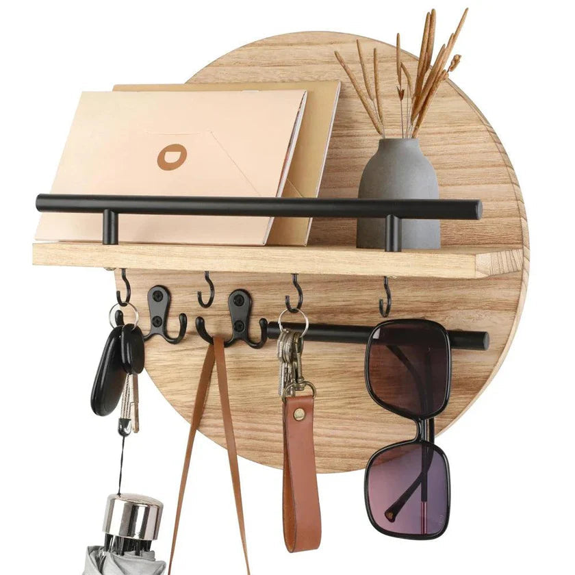 Round Wooden Shelf with Key Hooks - Entryway Organizer - Wall Mounted Shelf - Image 3