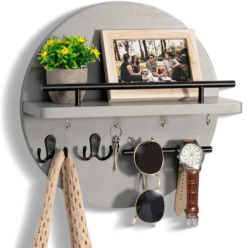 Round Wooden Shelf with Key Hooks - Entryway Organizer - Wall Mounted Shelf - Image 4