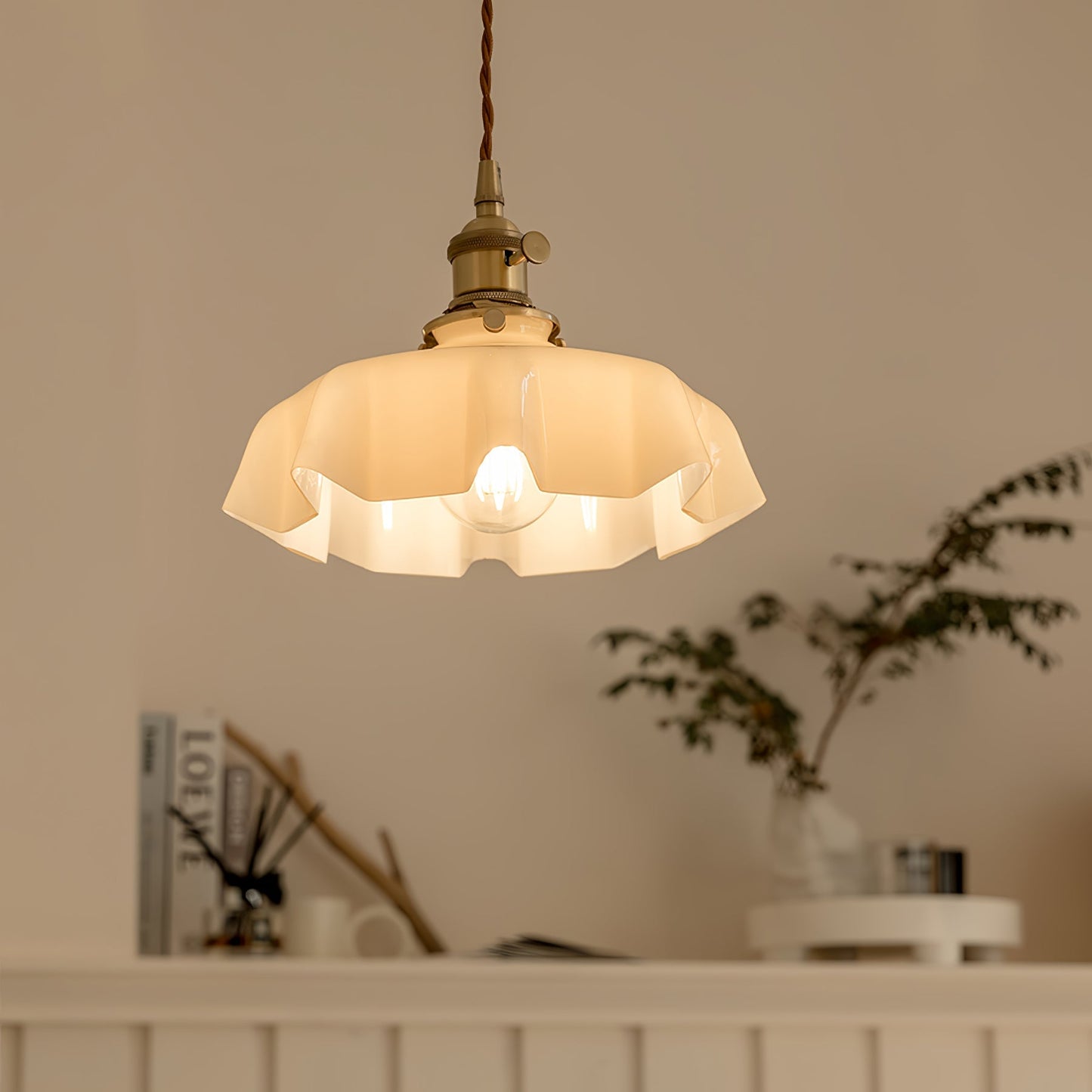 Ruffled Glass Pendant Light - Elegant Style - Brass Accents - Single Light - Image 1