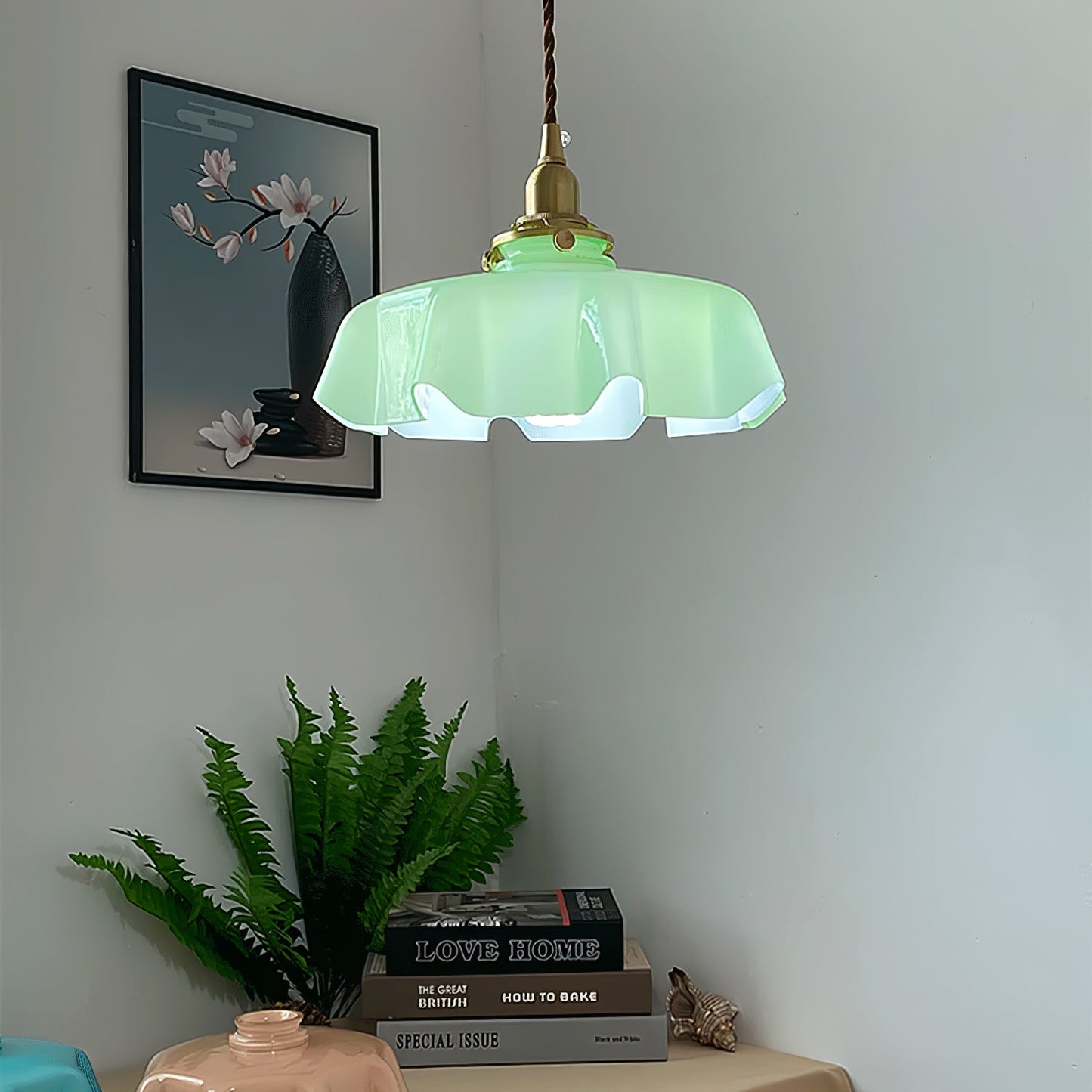 Ruffled Glass Pendant Light - Elegant Style - Brass Accents - Single Light - Image 6