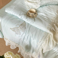 Satin Bedding Set with Butterfly Pearl Embroidery and Lace Trim