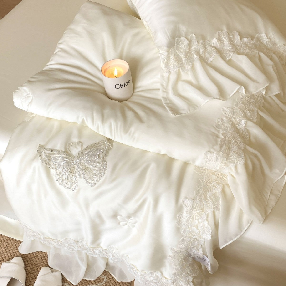 Satin Bedding Set with Butterfly Pearl Embroidery and Lace Trim