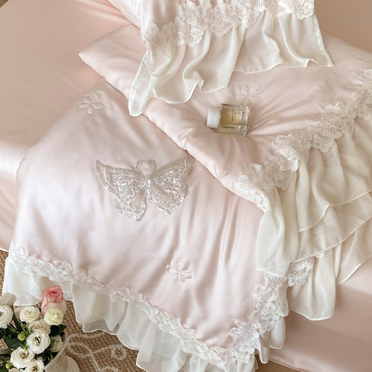 Satin Bedding Set with Butterfly Pearl Embroidery and Lace Trim