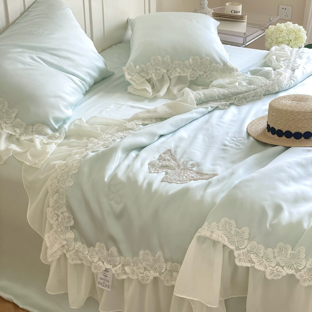 Satin Bedding Set with Butterfly Pearl Embroidery and Lace Trim