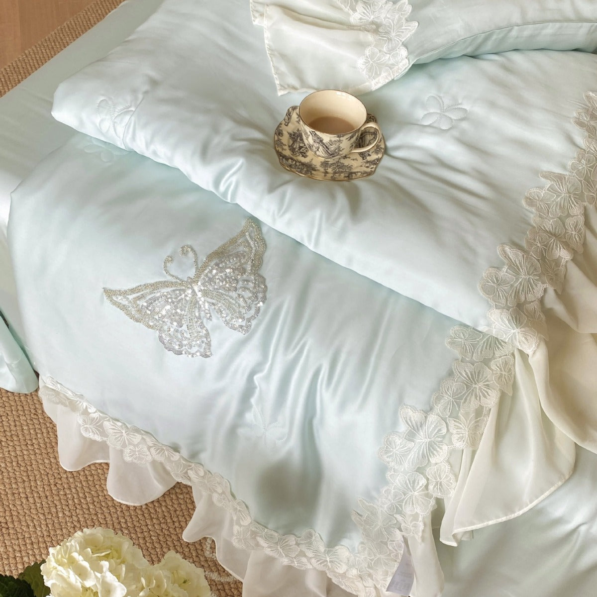 Satin Bedding Set with Butterfly Pearl Embroidery and Lace Trim