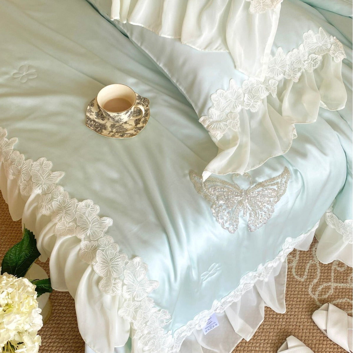 Satin Bedding Set with Butterfly Pearl Embroidery and Lace Trim