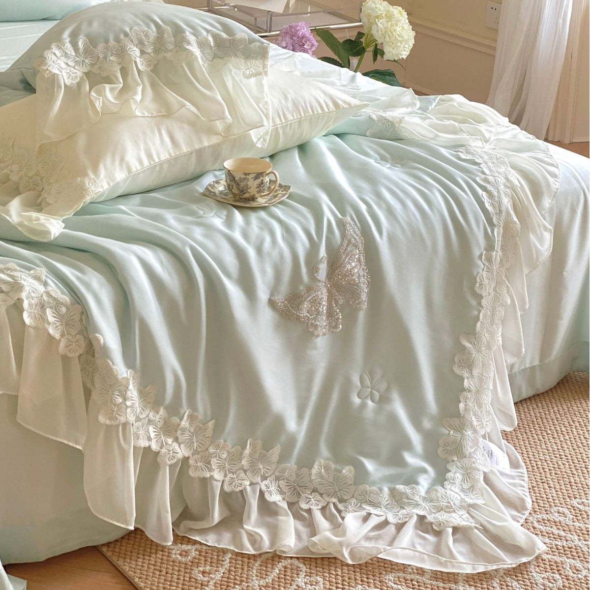 Satin Bedding Set with Butterfly Pearl Embroidery and Lace Trim