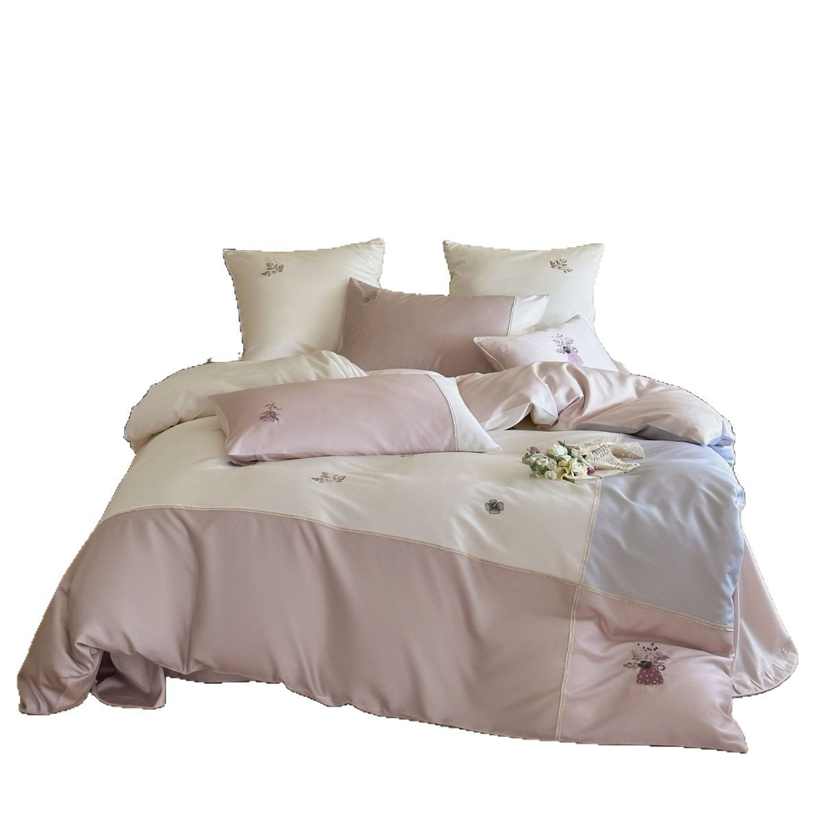 Satin Bedding Set with Delicate Floral Embroidery and Elegant Piping