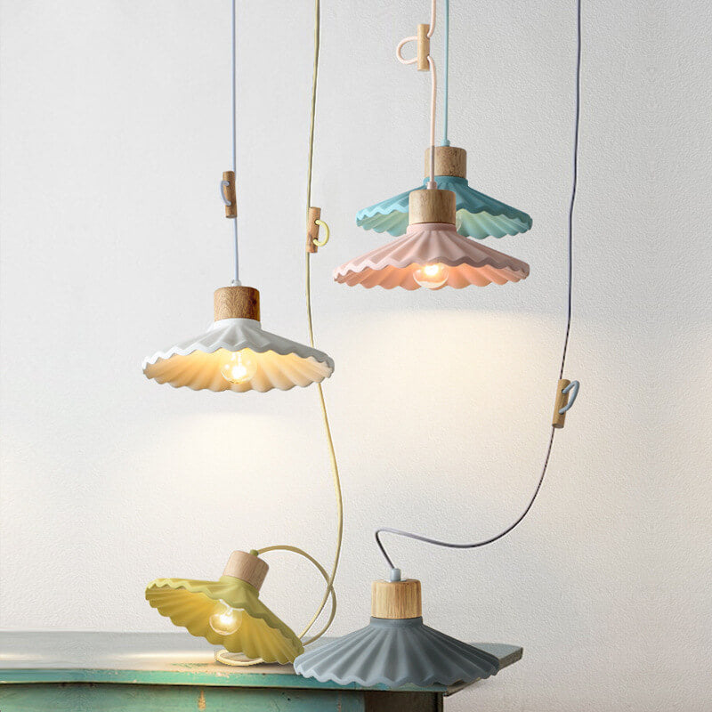 Scalloped Pendant Light - Modern Wood and Cement Fixture - Stylish Hanging Lamp - Image 2