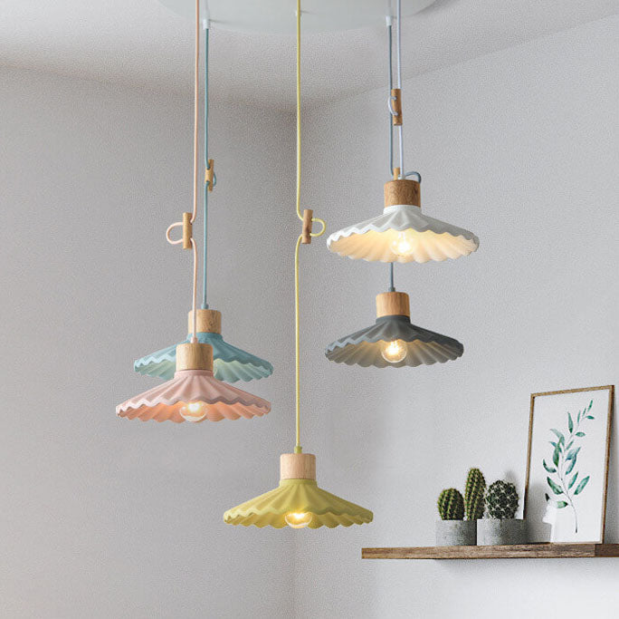 Scalloped Pendant Light - Modern Wood and Cement Fixture - Stylish Hanging Lamp - Image 3
