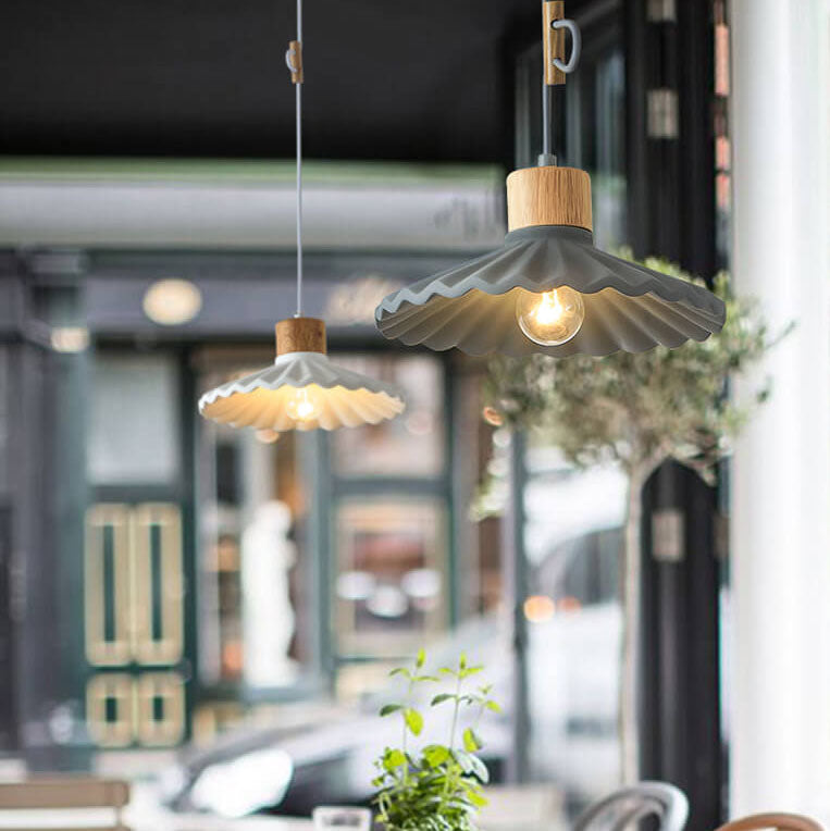 Scalloped Pendant Light - Modern Wood and Cement Fixture - Stylish Hanging Lamp - Image 5