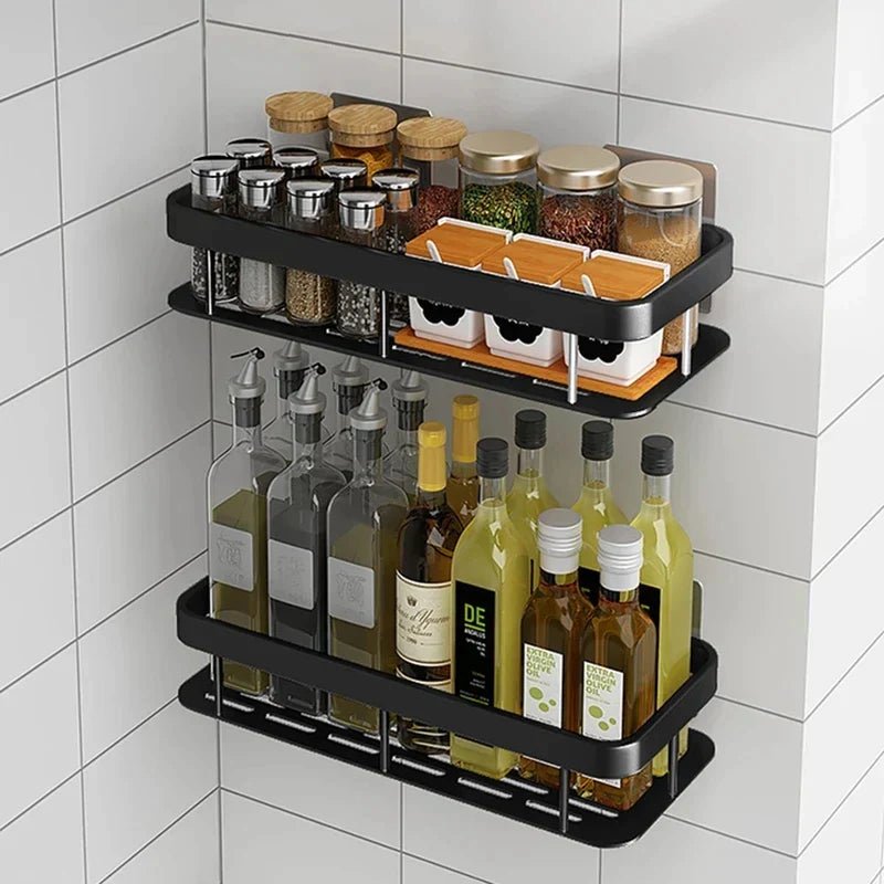 Self-Adhesive Shower Shelf - Wall Mounted - Black Aluminum - Modern Bathroom Storage - Image 2