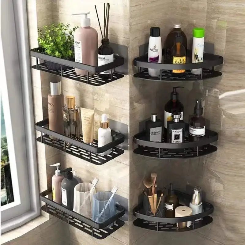 Self-Adhesive Shower Shelf - Wall Mounted - Black Aluminum - Modern Bathroom Storage - Image 4