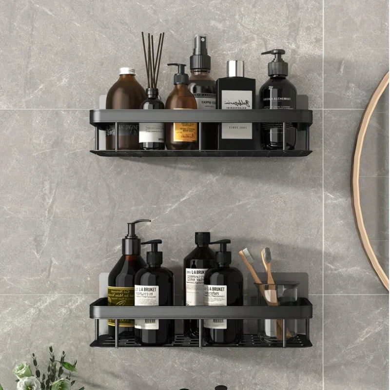 Self-Adhesive Shower Shelf - Wall Mounted - Black Aluminum - Modern Bathroom Storage - Image 5